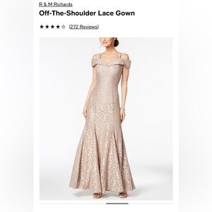 R & M Richards Off-The-Shoulder Lace Gown in Beige